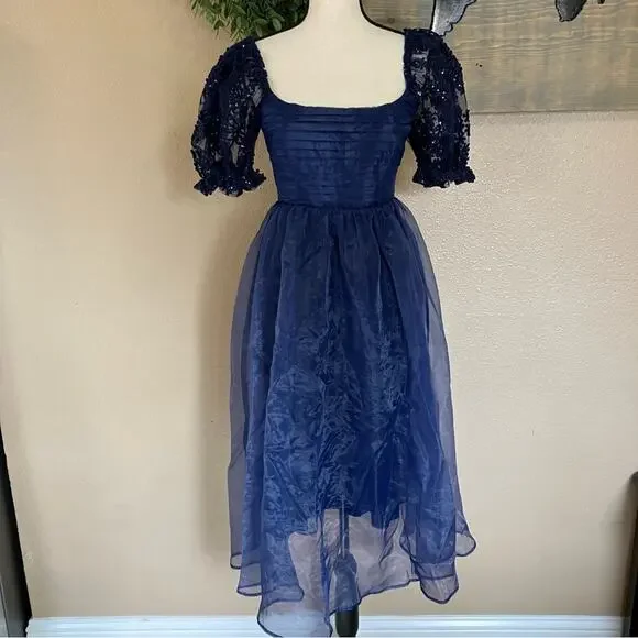 NWOT Lulus Significant Splendor Navy Organza Pleated Puff Sleeve Midi Dr… - Picture 2 of 11